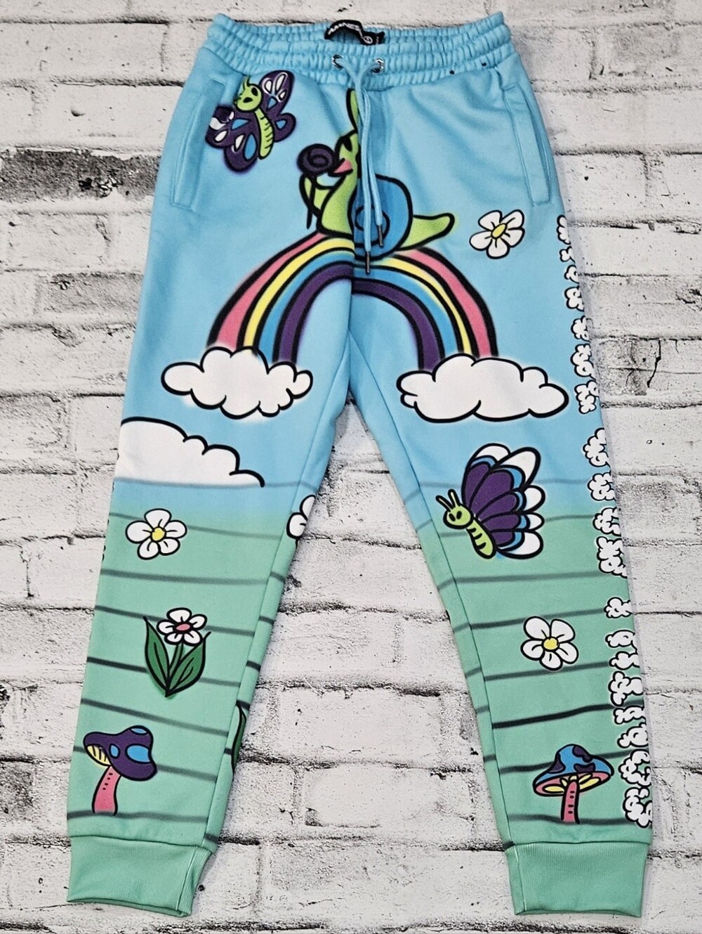 Amnesia Mens Graphic Jogger Sweatpants Rainbow Mushroom Blue Size S
